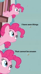 Size: 500x904 | Tagged: safe, pinkie pie, bee, earth pony, pony, comic, cosmic horror, female, mare, pink coat, pink mane