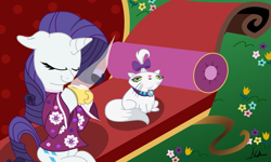 Size: 900x540 | Tagged: safe, artist:mini-deus, opalescence, rarity, pony, unicorn, clothes, sofa, tea