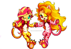 Size: 3666x2555 | Tagged: safe, artist:jacky-bunny, adagio dazzle, sunset shimmer, equestria girls, rainbow rocks, :p, adoragio, bell, bow, catsuit, claws, clothes, cute, fangs, nyanset shimmer, open mouth, pajamas, paws, ribbon, shimmerbetes, tiger stripes, tongue out, wink