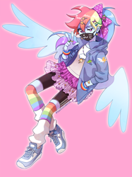 Size: 800x1067 | Tagged: safe, artist:bartolomeus_, derpibooru import, rainbow dash, equestria girls, alternate costumes, alternate hairstyle, bike shorts, bow, bracelet, clothes, compression shorts, female, hair bow, hair ribbon, harajuku, hoodie, jewelry, looking at you, loose socks, pixiv, rainbow socks, ring, shoes, simple background, skirt, sneakers, socks, solo, striped socks, surgical mask, wings