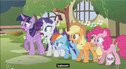 Size: 801x443 | Tagged: safe, derpibooru import, screencap, applejack, pinkie pie, rainbow dash, rarity, twilight sparkle, twilight sparkle (alicorn), alicorn, earth pony, pegasus, pony, unicorn, filli vanilli, female, kaboom, mare, meme, youtube caption