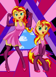 Size: 1664x2304 | Tagged: safe, artist:snapai, sunset shimmer, pony, unicorn, equestria girls, bipedal, breasts, cleavage, clothes, commission, dress, female, human ponidox, me!me!me!, self ponidox, socks