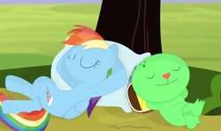 Size: 3560x2109 | Tagged: safe, artist:porygon2z, derpibooru import, rainbow dash, pegasus, pony, crossover, happy tree friends, pillow