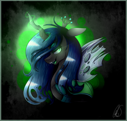 Size: 2400x2300 | Tagged: safe, artist:norica-official, queen chrysalis, changeling, changeling queen, bust, fangs, glowing eyes, glowing horn, lidded eyes, profile, solo