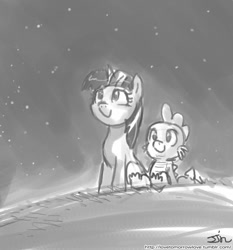 Size: 735x788 | Tagged: safe, artist:johnjoseco, derpibooru import, spike, twilight sparkle, dragon, grayscale, monochrome, stargazing