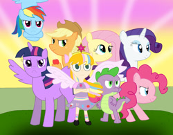 Size: 1700x1328 | Tagged: safe, artist:04startycornonline88, derpibooru import, applejack, fluttershy, pinkie pie, rainbow dash, rarity, spike, twilight sparkle, twilight sparkle (alicorn), alicorn, dragon, human, fiona munson, kid vs kat, mane seven, mane six