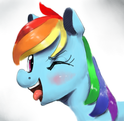 Size: 724x707 | Tagged: safe, artist:toisanemoif, derpibooru import, rainbow dash, pegasus, pony, blushing, bust, female, looking at you, mare, one eye closed, open mouth, portrait, smiling, solo, tongue out, wink