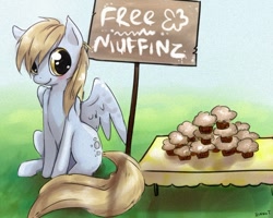 Size: 700x561 | Tagged: safe, artist:rikkutakedo, derpy hooves, pegasus, pony, female, mare, sign, table