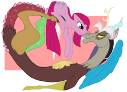 Size: 682x495 | Tagged: safe, artist:jabberwockychamber17, discord, pinkie pie, earth pony, pony, discopie, female, male, pinkamena diane pie, shipping, straight