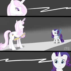 Size: 1296x1296 | Tagged: safe, artist:phallen1, fleur-de-lis, rarity, pony, unicorn, butt, comic, duel, female, levitation, magic, mare, plot, sword, telekinesis, weapon