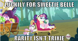 Size: 500x266 | Tagged: safe, rarity, sweetie belle, pony, unicorn, sleepless in ponyville, camping outfit, hub logo, image macro, wheel