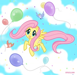 Size: 1617x1576 | Tagged: safe, artist:epscillion, fluttershy, pegasus, pony, balloon, female, mare, pink mane, yellow coat