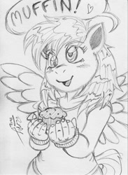 Size: 908x1238 | Tagged: safe, artist:cskairi, derpy hooves, anthro, female, muffin, simple background, solo, white background, wings