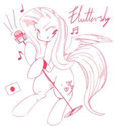 Size: 900x1000 | Tagged: safe, artist:japananon, artist:昔の傷口, fluttershy, pegasus, pony, microphone, monochrome, sketch, wink