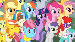 Size: 1440x810 | Tagged: safe, derpibooru import, screencap, applejack, candy mane, caramel, carrot cake, carrot top, cherry berry, cup cake, golden harvest, lucky clover, pinkie pie, pound cake, pumpkin cake, rainbow dash, twilight sparkle, twilight sparkle (alicorn), twist, alicorn, earth pony, pegasus, pony, filli vanilli, cute, hub logo, mane candy