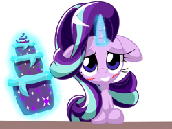 Size: 1600x1200 | Tagged: safe, artist:lovehtf421, starlight glimmer, pony, unicorn, blushing, cake, floppy ears, food, solo