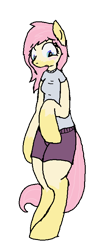 Size: 332x773 | Tagged: safe, artist:kaykay430, fluttershy, anthro, blushing, clothes, human to pony, looking down, open mouth, solo, transformation