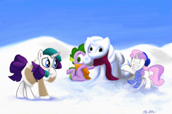 Size: 3001x1982 | Tagged: safe, artist:syncallio, rarity, spike, sweetie belle, dragon, pony, unicorn, blushing, clothes, earmuffs, hat, missing eyes, scarf, snow, snowpony