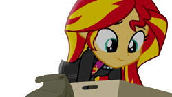 Size: 1280x720 | Tagged: safe, edit, edited screencap, screencap, sunset shimmer, equestria girls, rainbow rocks, box, clothes, cute, jacket, looking down, screenshots, shimmerbetes, simple background, smiling, solo, transparent background, vector