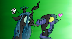 Size: 1275x695 | Tagged: safe, artist:snakeythingy, queen chrysalis, changeling, changeling queen, snake, angry, blushing, heart, kaa, no, skull, tongue out