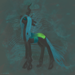 Size: 2143x2143 | Tagged: safe, artist:ratann, queen chrysalis, changeling, changeling queen, abstract background, eyes closed, female, high res, solo