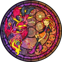 Size: 1024x1024 | Tagged: safe, artist:akili-amethyst, sunset satan, sunset shimmer, demon, equestria girls, equestria girls (movie), rainbow rocks, book, crown, cutie mark, dive to the heart, duality, eyes, eyes closed, female, kingdom hearts, sad, stained glass