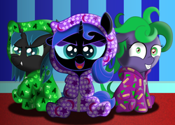 Size: 2160x1543 | Tagged: safe, artist:spellboundcanvas, mane-iac, nightmare moon, queen chrysalis, changeling, changeling queen, antagonist, footed sleeper, hood, sitting