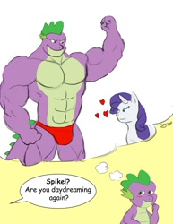 Size: 638x825 | Tagged: safe, artist:caseyljones, rarity, spike, dragon, pony, unicorn, beefspike, clothes, female, heart, male, muscles, overdeveloped muscles, shipping, sparity, speedo, straight, topless