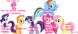 Size: 3339x1451 | Tagged: safe, derpibooru import, applejack, fluttershy, pinkie pie, rainbow dash, rarity, twilight sparkle, earth pony, pegasus, pony, unicorn, adhd, adhd pinkie, diagnosis, dsm-iv, histrionic personality disorder, hpd, mental illness, ocd, psychiatry, psychology, schizotypal personality disorder, social anxiety, workaholic