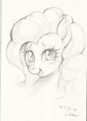 Size: 762x1058 | Tagged: safe, artist:limreiart, pinkie pie, earth pony, pony, monochrome, sketch, solo