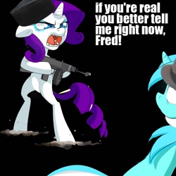 Size: 826x826 | Tagged: safe, rarity, pony, unicorn, fedora, gun, hat, i am legend, parody, quote, songkok