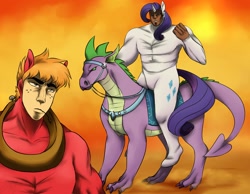 Size: 1280x994 | Tagged: dead source, safe, artist:cartoonlion, big macintosh, rarity, spike, dragon, earth pony, pony, unicorn, crossover, hokuto no ken, kenshiro, male, parody, raoh, stallion