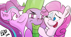 Size: 808x419 | Tagged: safe, artist:bow2yourwaifu, rarity, spike, starlight glimmer, dragon, pony, unicorn, annoyed, cute, female, hug, male, otp, rarisparlight, shipping, sparity, sparlight, spike gets all the mares, straight