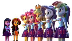 Size: 1024x576 | Tagged: safe, artist:creatorofpony, artist:theponyguy1998, applejack, fluttershy, pinkie pie, rainbow dash, rarity, sunset shimmer, twilight sparkle, twilight sparkle (alicorn), alicorn, equestria girls, 3d, army, clothes swap, humane seven, military, military uniform, salute, simple background, transparent background