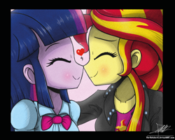 Size: 1102x881 | Tagged: safe, artist:the-butch-x, sunset shimmer, twilight sparkle, twilight sparkle (alicorn), alicorn, equestria girls, rainbow rocks, blushing, eyes closed, heart, nose to nose, nuzzling, shipping, smiling, sunsetsparkle