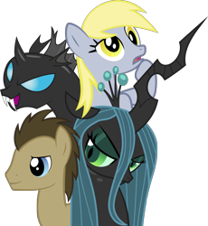 Size: 6471x7031 | Tagged: safe, artist:lykas13, derpy hooves, doctor whooves, queen chrysalis, changeling, changeling queen, pegasus, pony, absurd resolution, bedroom eyes, fangs, female, mare, simple background, transparent background, vector