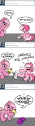 Size: 471x1694 | Tagged: safe, artist:tilastrinity, pinkie pie, valenshy, earth pony, pony, fanfic:cupcakes, g3, ask, cupcake, food, tumblr