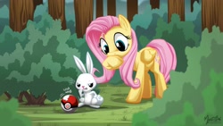 Size: 2560x1440 | Tagged: safe, artist:mysticalpha, angel bunny, fluttershy, pegasus, pony, crossover, pokémon, wallpaper