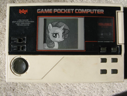 Size: 768x576 | Tagged: safe, edit, rarity, pony, unicorn, cassette tape, computer, epoch game pocket computer, game console, monochrome, photo