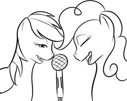 Size: 1000x800 | Tagged: safe, artist:kloudmutt, derpibooru import, pinkie pie, rainbow dash, earth pony, pegasus, pony, microphone, monochrome, singing