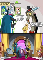 Size: 955x1351 | Tagged: safe, artist:mysticalpha, discord, queen chrysalis, cat, changeling, changeling queen, draconequus, earth pony, pony, unicorn, comic:day in the lives of the royal sisters, bowtie, clothes, comic, crown, dialogue, dress, female, gala, gala dress, hat, jewelry, mare, monocle, regalia, shoes, speech bubble, suit, top hat
