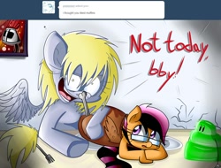 Size: 1131x858 | Tagged: safe, artist:extradan, derpy hooves, scootaloo, oc, oc:jerky hooves, pegasus, pony, .mov, female, glasses, mare, tumblr