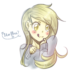 Size: 419x400 | Tagged: safe, artist:xusako, derpy hooves, blonde hair, clothes, female, humanized, smiling, solo