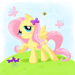 Size: 800x800 | Tagged: safe, artist:domestic-hedgehog, fluttershy, bee, butterfly, pegasus, pony, bow, solo