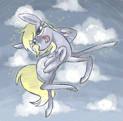 Size: 733x722 | Tagged: safe, artist:steeve, derpy hooves, pegasus, pony, cloud, female, flying, mare, sky, smiling, solo