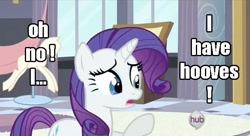 Size: 633x344 | Tagged: safe, rarity, pony, unicorn, captain obvious, hooves, hub logo, image macro, oh no