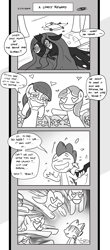 Size: 1451x3300 | Tagged: safe, artist:loreto-arts, queen chrysalis, spike, changeling, changeling queen, crystal pony, dragon, pony, comic:friendship is innuendo, broken horn, crystal empire, female, heart, male, mare, monochrome, run, spike gets all the mares, stallion, straight, this will end in snu snu