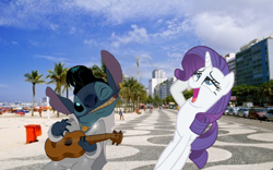 Size: 1440x900 | Tagged: safe, artist:brion24, rarity, pony, unicorn, beach, crossover, crossover shipping, disney, elvis presley, faint, female, hawaii, kauai, lilo and stitch, male, raristitch, shipping, stitch, straight, ukulele