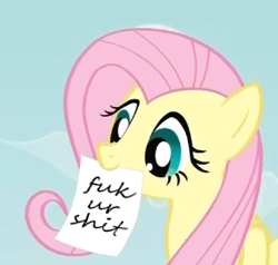 Size: 324x309 | Tagged: safe, fluttershy, pegasus, pony, blue eyes, exploitable meme, female, fluttershy's note meme, mare, meme, mouth hold, pink mane, segoe script, simple background, solo, vulgar, wings, yellow coat