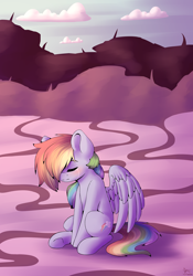 Size: 2100x3000 | Tagged: safe, artist:spirit-dude, derpibooru import, rainbow dash, pegasus, pony, crying, eyes closed, female, mare, multicolored hair, sad, sitting, solo